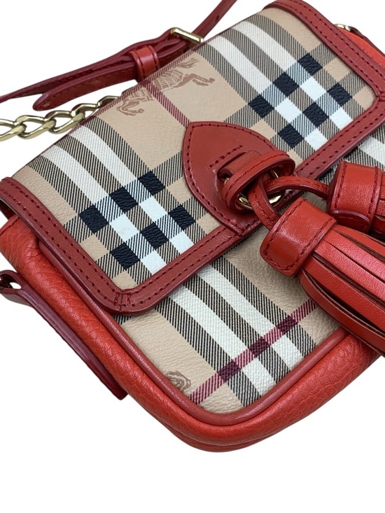 Burberry Red Leather & Signature Check Tassel Crossbody - Picture 2 of 11